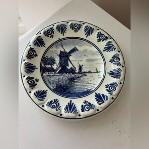 Delfts Hanging Plate Belgium Blue Windmill Holland 9” Collectible Hand Painted